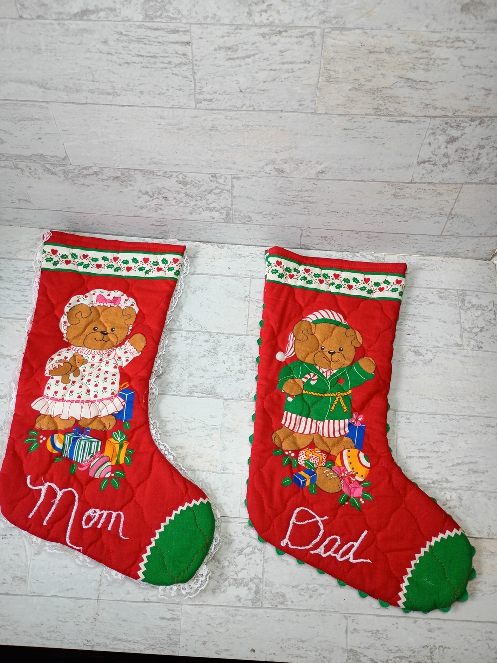 VTG Laced Red "Mom" and "Dad" Holiday Bear Christmas Stockings - Pair